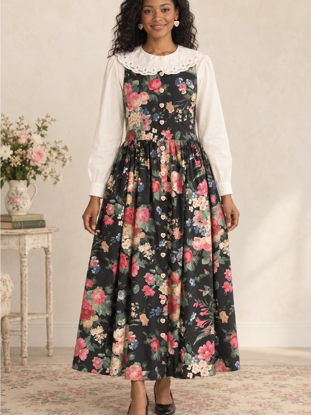NWOT Rare 90’s Laura Ashley Black Floral Pinafore Maxi Dress made in Hong Kong